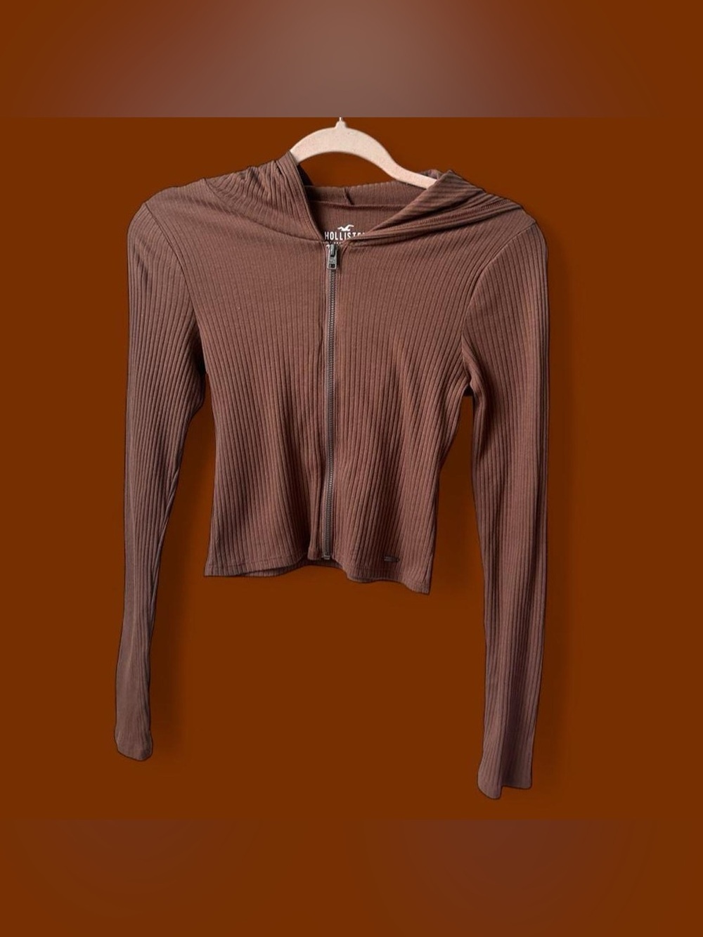 Hollister Brown Ribbed Zip Hoodie Crop